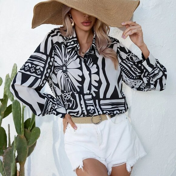Boho Geo Print Button Front Shirt Black And White - Picture 4 of 5